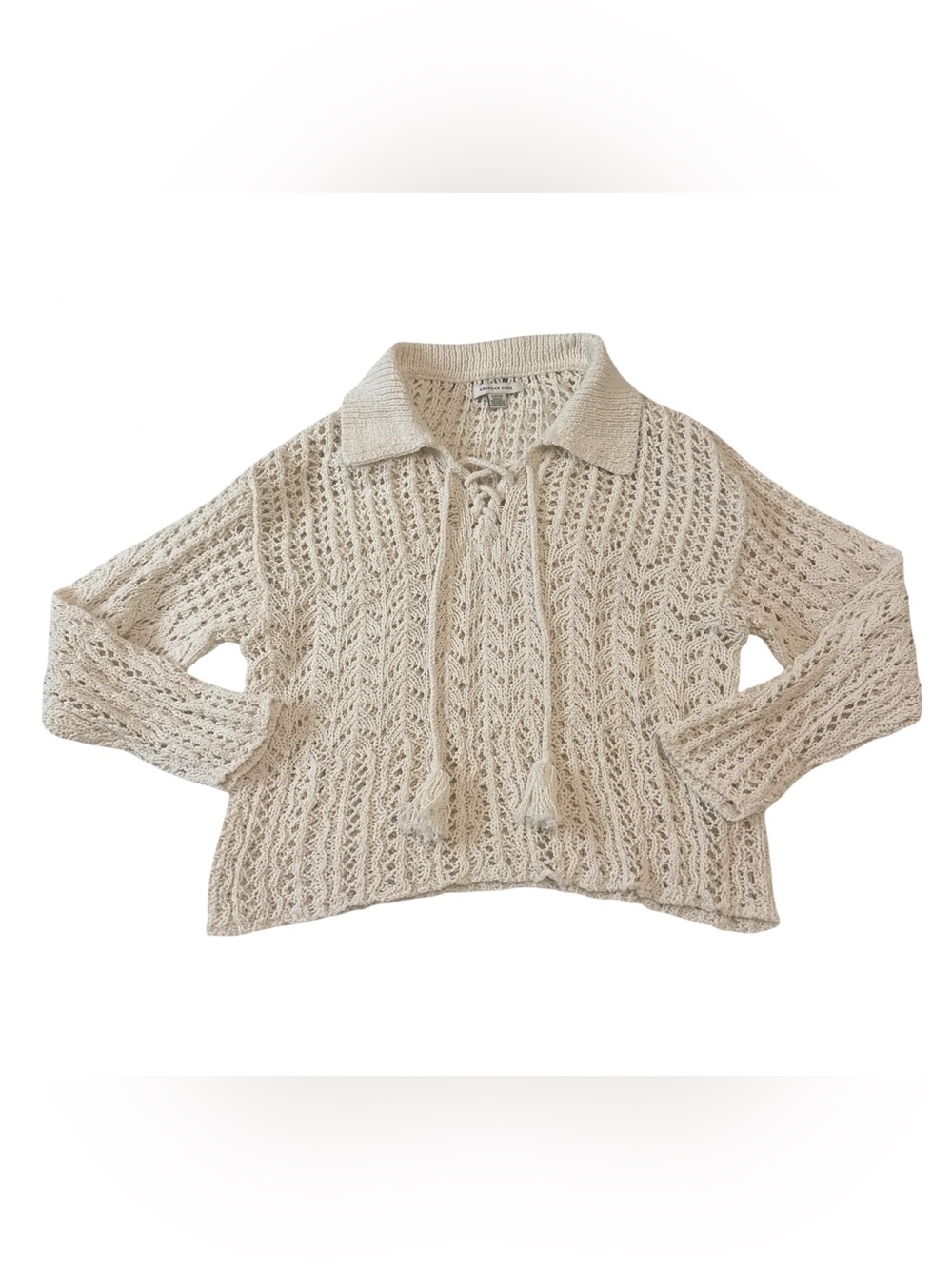 American Eagle Lace Up Open Knit Sweater Cream Collared Boho Crochet Cotton S